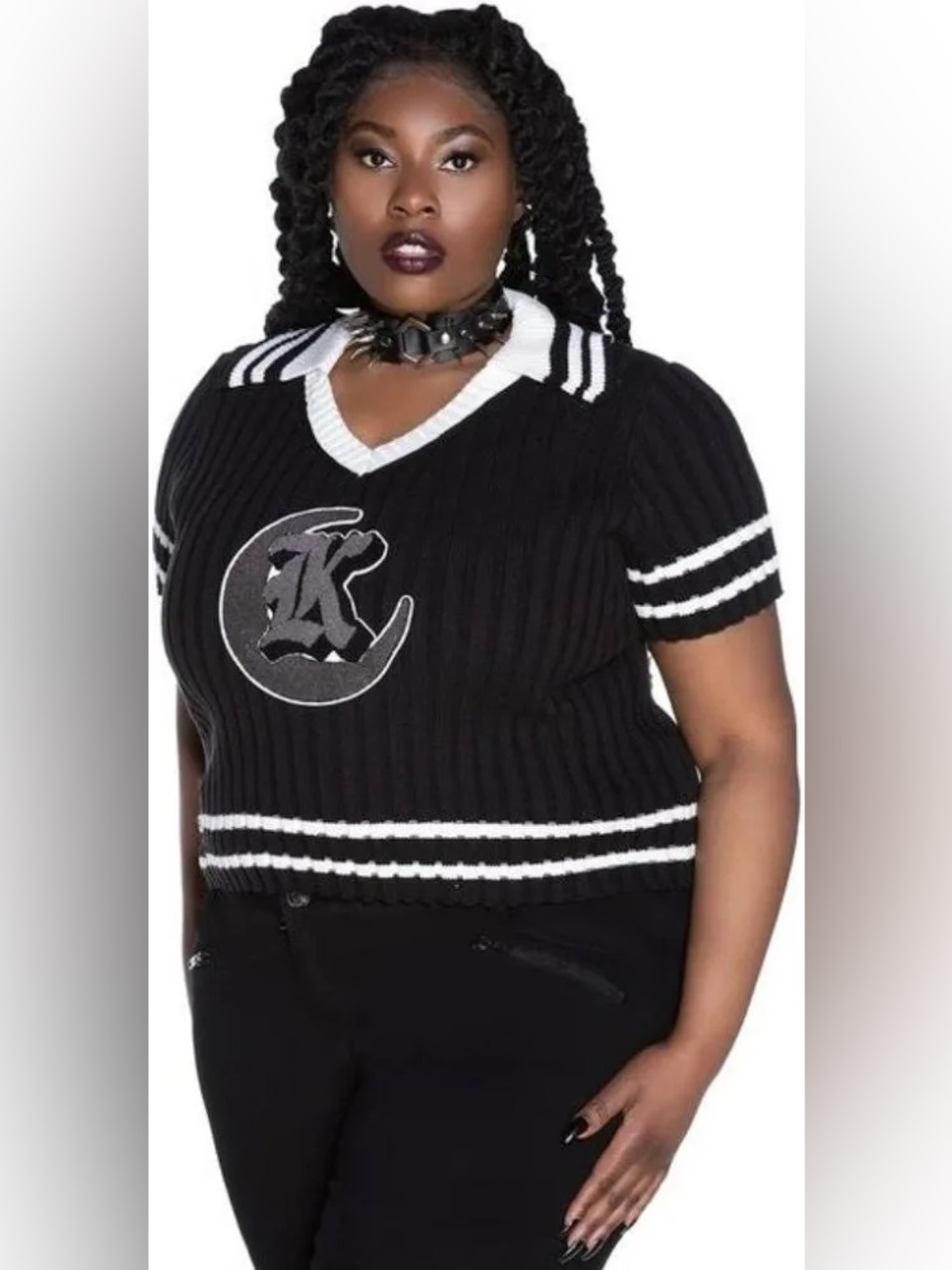 Killstar Gloomsday Gothic Varsity Ribbed Knit Crop Sweater Black White 4XL NWT